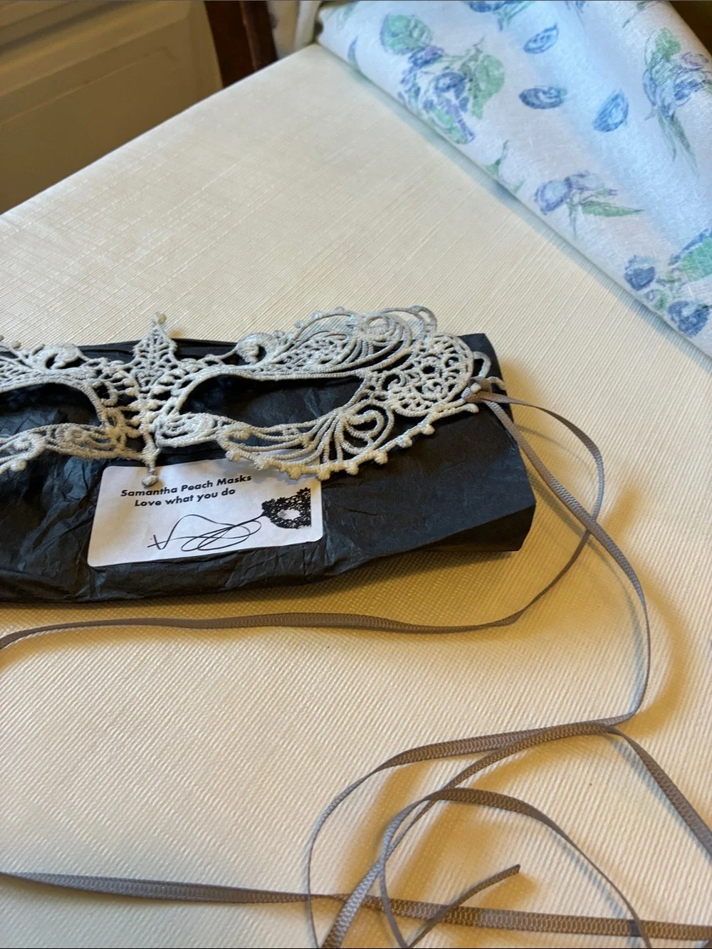 Samantha Peach Silver Lace Venetian Masquerade Mask with Ribbon Tie